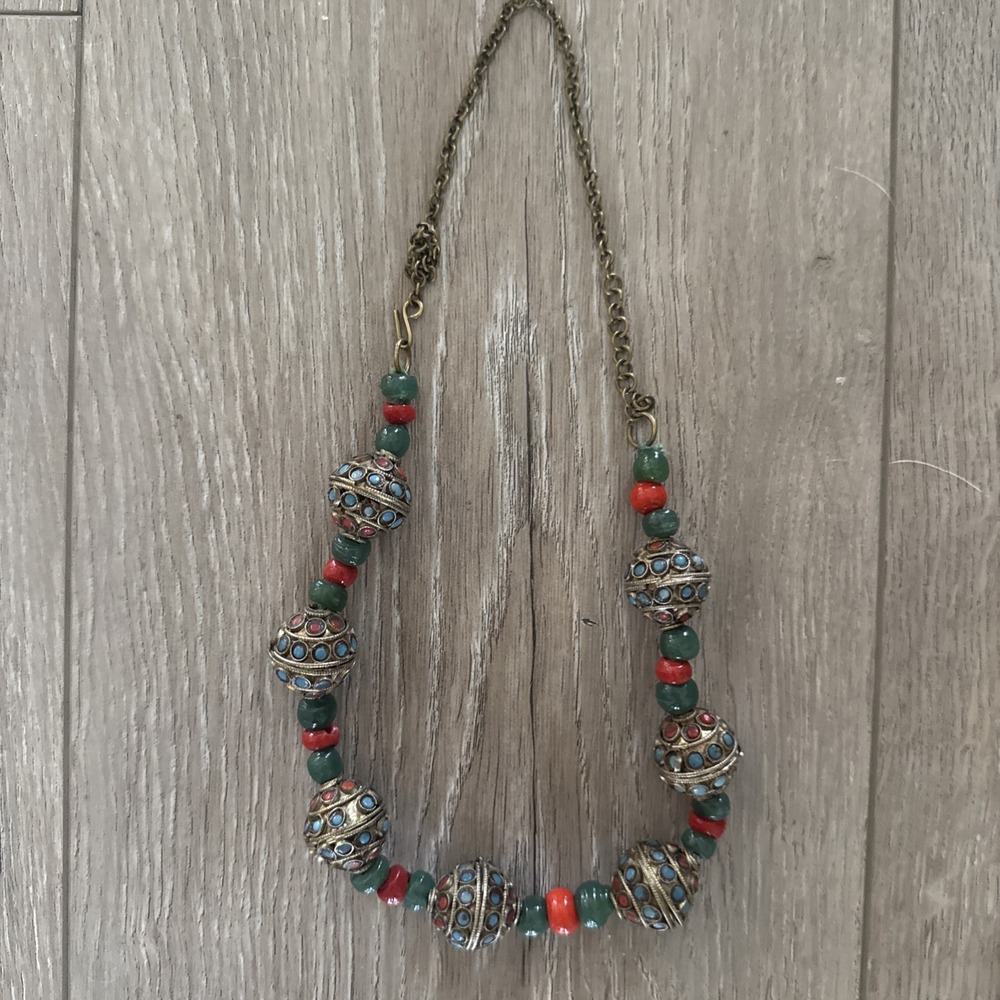 Vintage Handmade Bead Beaded Choker Necklace . Tibetan Faux Turquoise Coral Read
